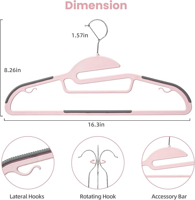 BAGAIL Plastic Hangers 50 Pack with Non-Slip Design, 0.2 Inches Thick, 360° Swivel Hook Space Saving Organizer for Bedroom Closet, Shirts, Pants (Pink - S-Shaped)