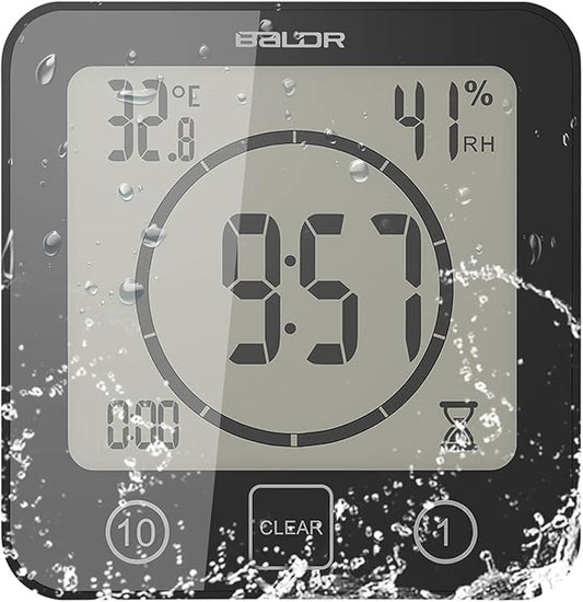 Digital Bathroom Shower LCD Wall Clock with Suction, Waterproof Temperature Humidity Gauge, Touch Screen Timer, Large Countdown Timer (Black)
