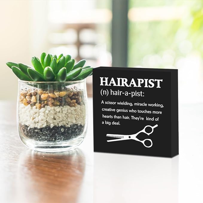 Hairstylist Gifts Wooden Box Sign, Hairapist Definition Sign Salon Decor Gifts for Hairdresser, Rustic Farmhouse Counter Beauty Shop Barbershop Hair Salon Desk Shelf Table Decor Wood Block Plaque