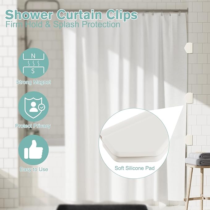 6 Pack Magnetic Silicone Shower Curtain Clips for Liners, Self-Adhesive Waterproof Splash Guards, Strong Magnet Curtain Holders Keep Liner Sealed to Wall, Windproof Easy Installation No-Drill (White)