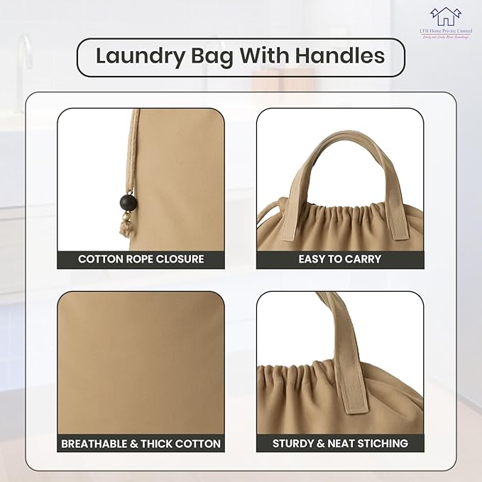 LFH Home Cotton Canvas Large Laundry Bag with Handle, Heavy Duty Drawstring Closure Washable Laundry Bags, for School Travel, Home, Hotel, College Dorm, Organizer Sack, Toys Clothes 28x40-Beige