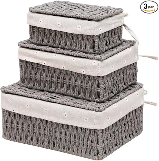 3PCS Wicker Basket with Lid Paper Rope Storage Baskets for Shelf Baskets Storage Bins with Lid and Removable Liner Makeup Bathroom Closet Drawer Desk Organizer Shelf Baskets (Grey)