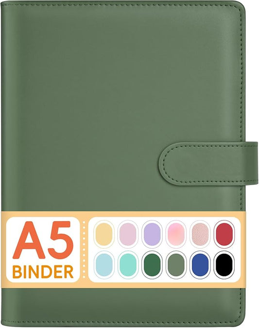 Sooez A5 Notebook Binder, 6 Ring Planner with Stylish Design, Loose Leaf Personal Organizer Cover with Magnetic Buckle Closure, PU Leather Binder for Women with Soft Colors (Olive Green)