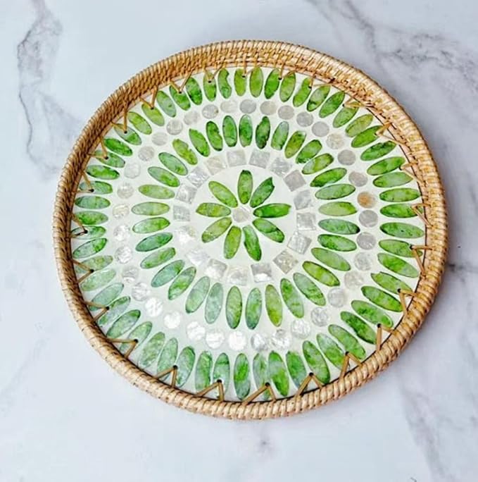 Handmade Round Rattan Tray with Mother of Pearl Inlay, Rattan Serving Tray with Wooden Base, Table Decoration with Wicker Baskets, for Storing and Displaying Bread, Fruit, Desserts (Green Grape)