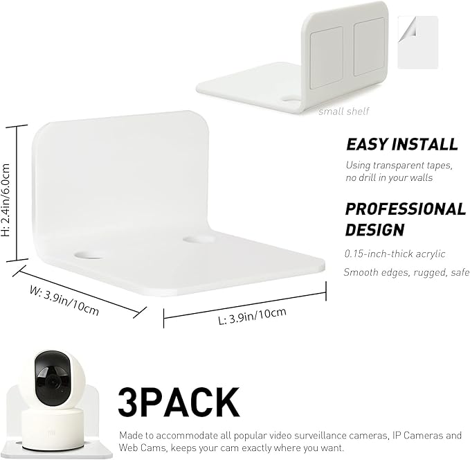 OAPRIRE White Floating Wall Shelves Set of 3 for Security Cameras, Baby Monitors, Speakers & More - Universal Acrylic Small Wall Shelf with Cable Clips, 10-Piece Strong Tapes, No Drill