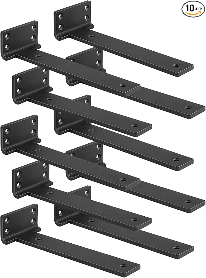 Floating Shelf Brackets 12 inch 10 Pack L Brackets for Shelves Black Metal Heavy Duty Shelf Bracket for DIY Decorative with Mounting Hardware