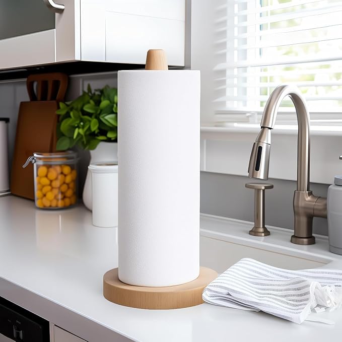 KitchLife Wooden Paper Towel Holder Countertop, Fits Jumbo Roll - Solid Beechwood Paper Towel Dispenser Stand with Wide Anti-Skid Base