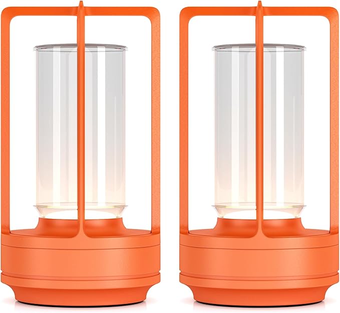 Portable Metal Table Lamp for Indoor/Outdoor ,Rechargeable Cordless LED Lamp, 3-Colour Infinitely Dimming Battery Powered Small Desk Lamp, Restaurant/Bedroom/Bar/Coffee/Camping Light (Orange set of 2)