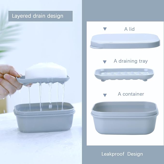 1 Pack Soap Travel Container Portable Soap Case Leakproof Soap Box Soap Saver Dish with Cover Plastic Soap Bar Holder for Camping Outdoor Bathroom Shower Gym Hiking Traveling(Gray)
