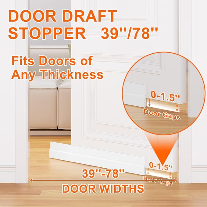 Door Draft Stopper for Bottom of Door, Adjustable Weather Stripping Door Seal for Cold Insulation, Under Door Sweep for Exterior & Interior Doors, Door Bottom Seal Blocker Noise (78inch, White)