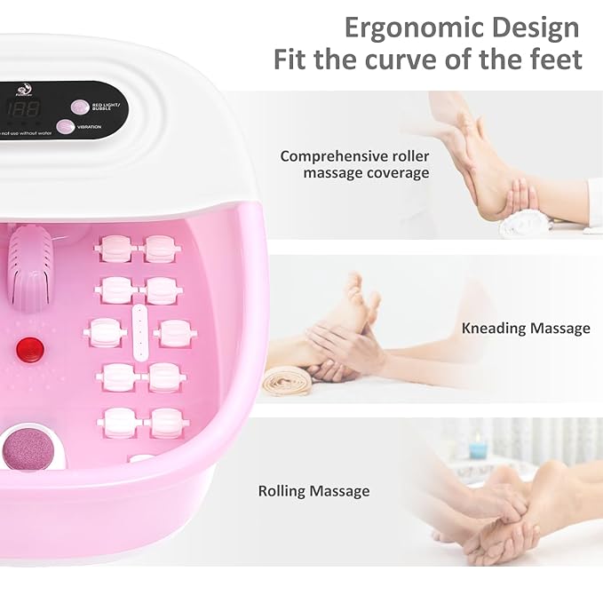 Foot Spa Bath Massager with Heat Bubbles and Vibration Massage and Jets, 16 OZ Tea Tree Oil Foot Soak Epsom Salt, Foot Soaker with Red Light, 22 Massage Rollers, Adjustable Temp - Pink