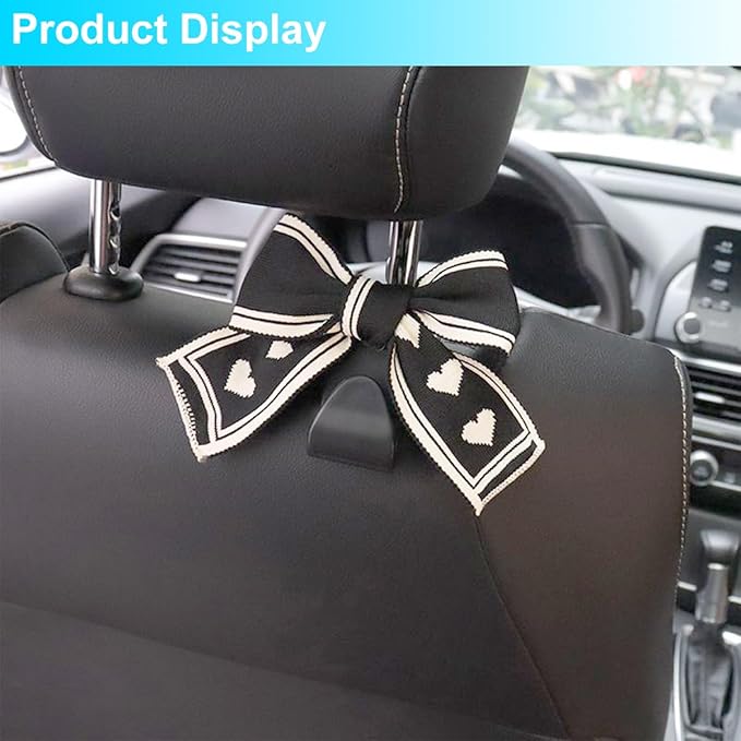 Mandark 2PCS Car Seat Headrest Hooks, Cute Bow Vehicle Hooks for Purses and Bags, Auto Purse Hook Hanger Interior Decoration Accessories, Universal for SUV, Sedan, Truck (Black Line)