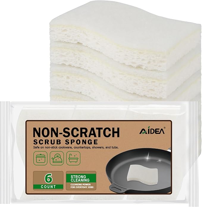 AIDEA Non-Scratch Scrub Sponge - 6 Count, Kitchen Sponges, Natural Sponge for Non-Stick Cookware, Cellulose Sponges for Dishes, Cleaning Power for Kitchen, Bathroom, Household