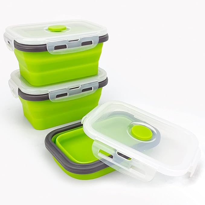 CCyanzi 3-Piece Collapsible Food Storage Containers with Lids, Silicone Lunch Container, Microwave & Freezer Safe, Space Saving for Kitchen Cabinet and Camping Backpack (Green Gray)