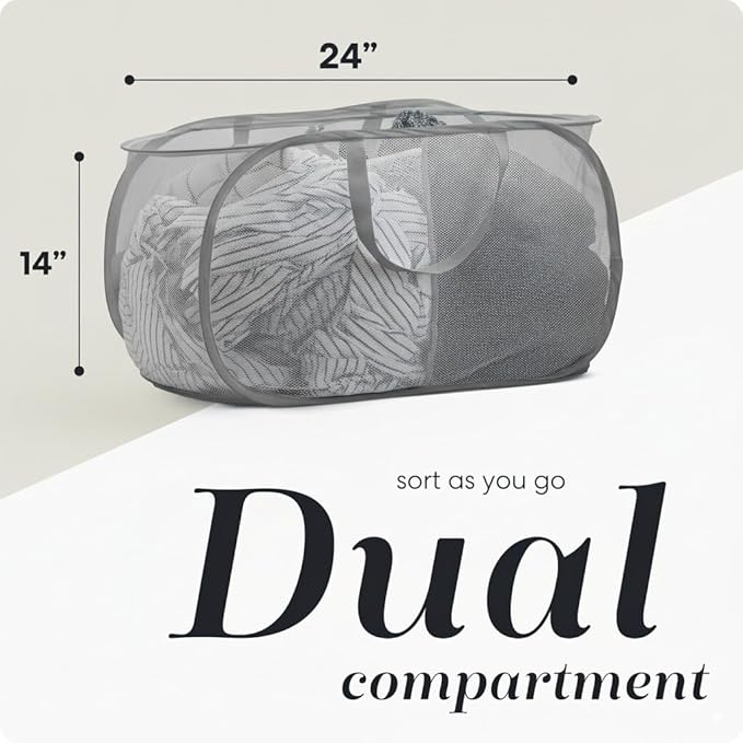 Foldable Laundry Basket - Popup and Collapsible, Durable Mesh Material, Folds for Storage, Easy Carry Handles - Great Hamper for College Dorm, Laundry Room or Travel (Grey, 2-Compartments)