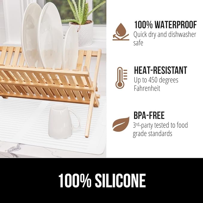 GORILLA GRIP 100% BPA-Free Patented Silicone Dish Drying Mat for Kitchen Counter, Water Catching Ribbed Design, Easy Clean Waterproof Sink Liner, Heat Resistant, Fits Under Rack, 12x16 Inch, White