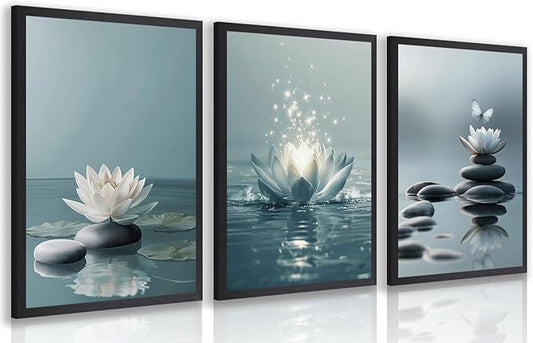 GELDSTEI Calm Zen Botanical Canvas Wall Art, White Lotus Blooming on Stones in Water Aesthetic Pictures, Yoga Spa Meditation Room Decor, Modern Spiritual Poster Prints for Zen Wood Framed 12"x16"x3