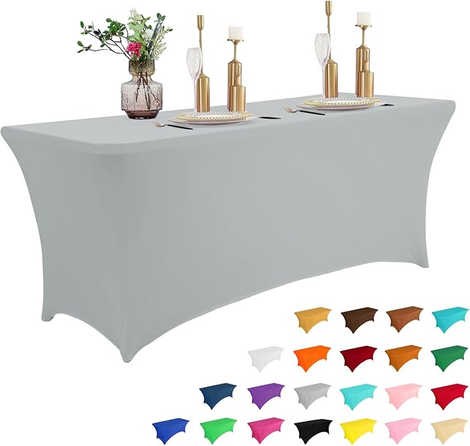 IVAPUPU 8FT Tablecloth for Rectangular Fitted Events Stretch Grey Table Covers Washable Cover Spandex Tablecloth Protector for Party, Wedding, Cocktail, Banquet, Festival
