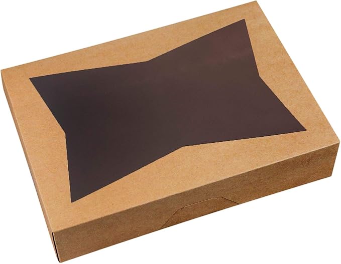 ONE MORE [15-Pack] 14 x10 x 3inch Brown Paperboard Lock Corner Window Bakery Cookie Boxes, Large Container with PVC Windows for Pie and Cookie Box