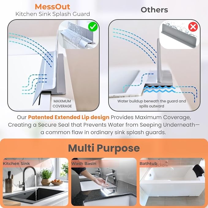 MessOut Extra Large Silicone Kitchen Sink Splash Guard 58x9x10cm– Non-Slip with Strong Suction, Non Crumble, non-harmful, Durable & Easy-to-Clean Protector for a Mess-Free Sink and Dishwashing (Grey)