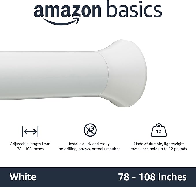 Amazon Basics No Drill Spring Tension Curtain Rod, Adjustable 78-108" Width, White, Classic Finial