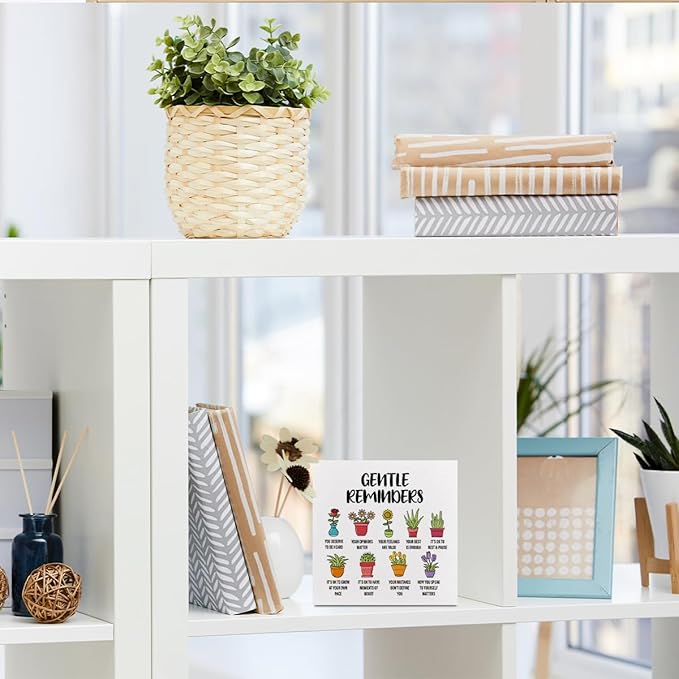 Gentle Reminders Decor Wooden Box Sign, Positive Affirmations Art Decorations, Inspirational Gifts for Women Friend Besties, Rustic Home Therapy Counselling Office Table Decor Wood Block Plaque