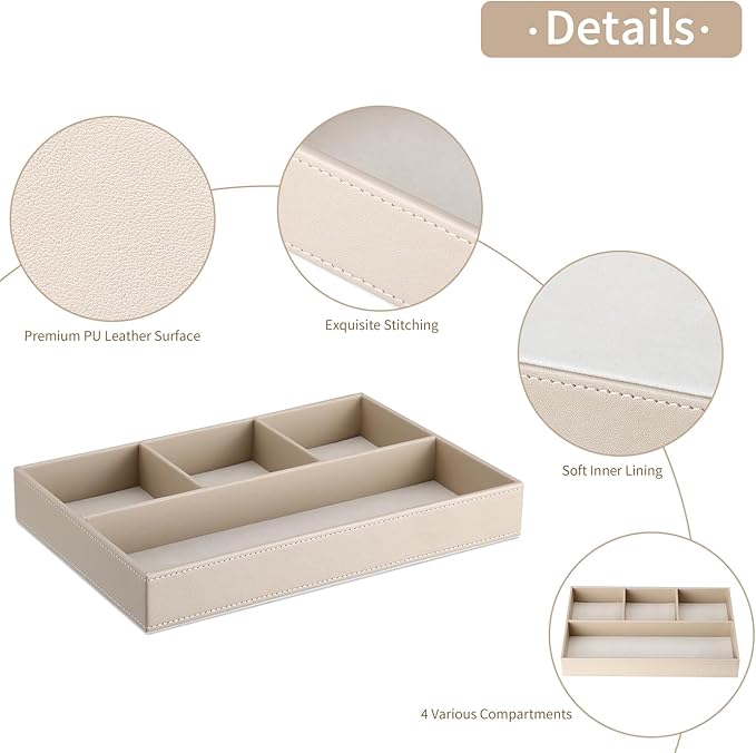 GORESE PU Leather Valet Tray, Stackable Jewelry Trays for Dresser, Drawer Nightstand Organizer Bedside Trays for Men Women, Entryway Desk Catchall Tray for Trinket, Key, Purse, Watch, Cologne, Beige