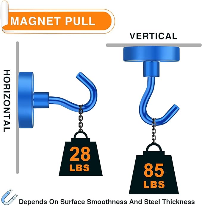 MIKEDE Magnetic Hooks 85Lbs Strong Neodymium Magnets with Hooks for Cruise Heavy Duty Earth Magnets Hooks for Refrigerator Outdoor Hanging Brackets Magnetic Hanger for Cabins (Blue, 10 Pack)