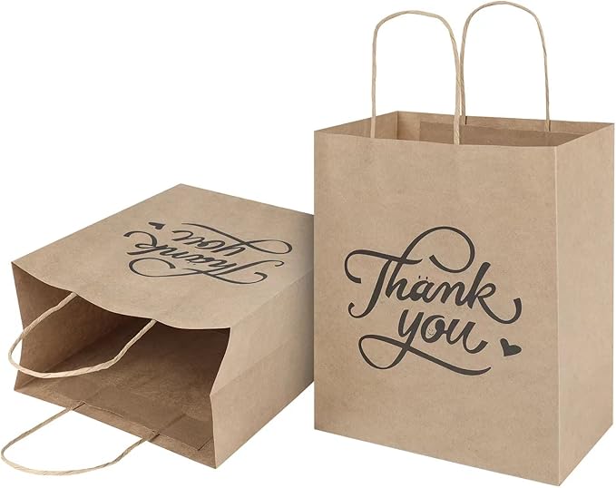 bagmad 100 Pack 8x4.75x10 Inch Medium Brown Paper Gift Bags with Handles Bulk, Thank You Kraft Paper Bags for Party Favors Grocery Retail Shopping Wedding Craft Sacks (Plain Natural, 100pcs Count)