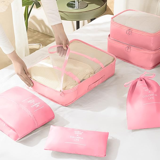 KPX 8 Set Packing Cubes for Travel, Luggage Packing Organizers Accessories Large Toiletry Bag for Clothes Shoes Cosmetics (Pink)