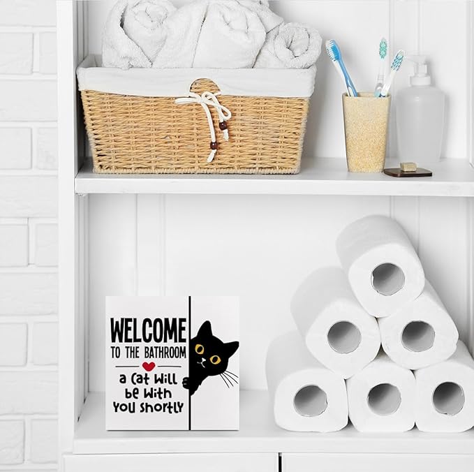 Funny Cat Bathroom Decor White Wooden Box Decorative Signs, Humorous Decorations for Bathroom Home Shelf, Wood Box Sign Cat Lover Gifts for Women Men Friends, 5.1x5.1Inch