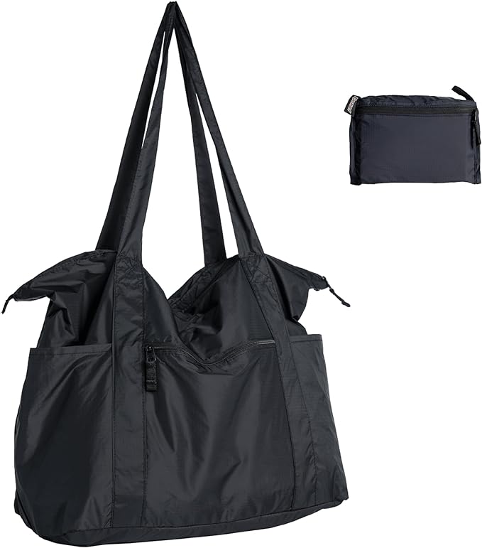 Foldable Lightweight Travel Duffel Tote Bag, Nylon and Polyester Packable Totes with Zipper, 23-28L Collapsible Compact Large for Women and Men, Black