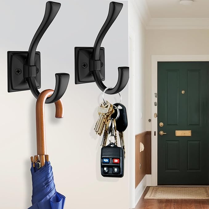 TOFIIGREM 2 Pack Antique Black Coat Robe Hooks for Wall Hanging Hat, Key, Bag, Robe, Towel, Mudroom Hook Entrance Bathroom Door Decorative Heavy Duty Hats Hanger