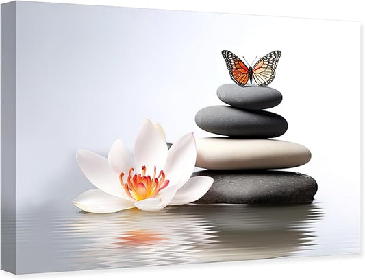 ARTZGX Zen Canvas Wall Art Spa Pictures Wall Decor Flower Zen Stones Butterfly Painting Print for Bathroom Yoga Decor Frame(Zen Flower - A 12.00" x 18.00")