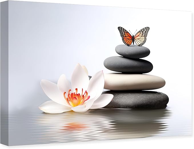 ARTZGX Zen Canvas Wall Art Spa Pictures Wall Decor Flower Zen Stones Butterfly Painting Print for Bathroom Yoga Decor Frame(Zen Flower - A 24.00" x 36.00")