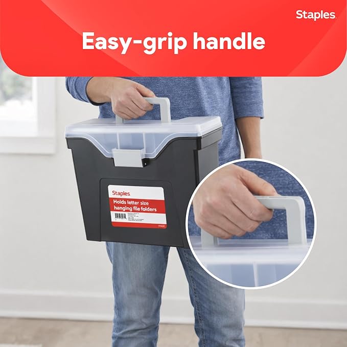 STAPLES File Box - Portable Storage Organizer, Letter Size, Black with Lift-Off Lid & Easy-Grip Handle