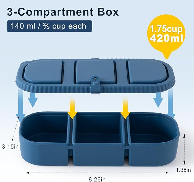 3 Pack Silicone Reusable Snack Containers with Lids - 3 Compartment Snackle Box for Kids & Adults, BPA-Free & Leakproof, Small for Dressing, Sauces, School, Office, Picnic (Blue, yellow, pink)