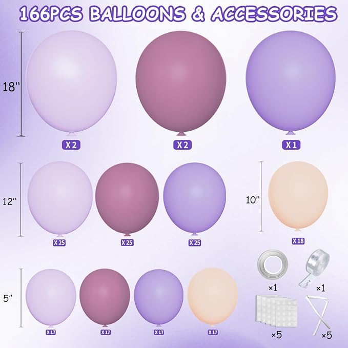 MEBAY Dusty Purple Balloon Garland Kit, 166Pcs Pastel Lavender and Macaron Orange Balloons for Girls Women Princess Wedding Baby Shower Birthday Party Decorations Supplies
