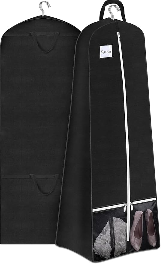 SLEEPING LAMB 65'' Bridal Wedding Gown Dress Garment Bag 15'' Gusseted Garment Cover Shoe Pockets Travel Garment Storage Bag for Prom, Evening Gowns, Black