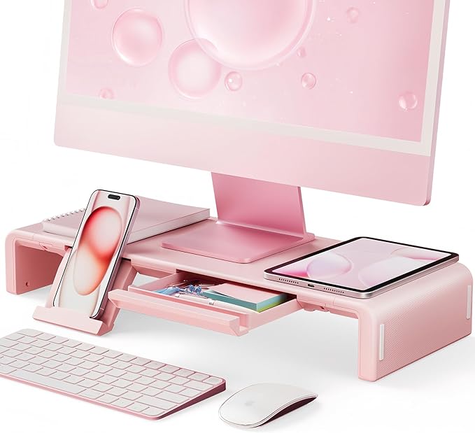 Pink Monitor Stand Riser, Klearlook Foldable, Height Adjustable Computer Stand, Desk Shelf Riser with Storage Drawer & Tablet Phone Stand for Desktop, Laptop