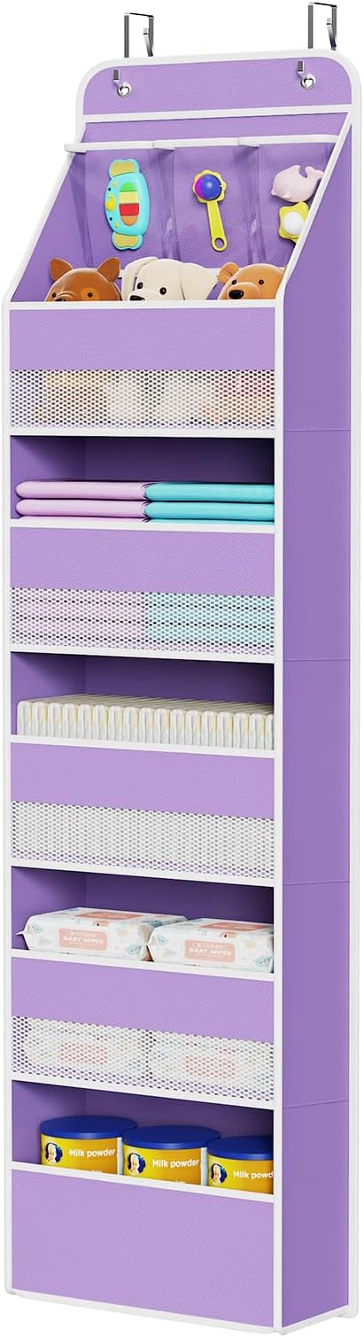 Univivi 6-Shelf Over Door Hanging Organizer, Fabric Baby Door Storage with 5 Large Pockets and 3 Small PVC Pockets, Wall Mount Hanging Storage Organizers for Baby Essentials (Purple)
