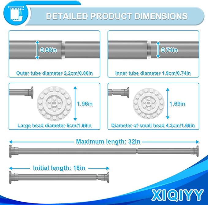 XQIYY Small Shower Curtain Rod 18 to 32 Inches Short Tension Curtain Rod Adjustable Spring Tension Rod for Closet,Doorway,Windows Grey