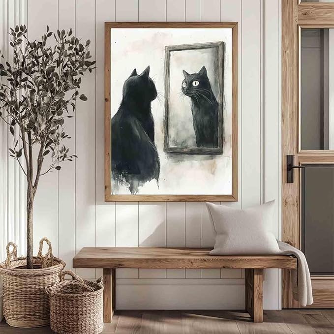 Funny Black Cat Wall Art Retro Cats Poster Black And White Animal Prints Quirky Animal Canvas Cat Mirror Wall Art Fanciful Vintage Farmhouse Painting Aesthetic Living Room Decor 16x24inch No Frame