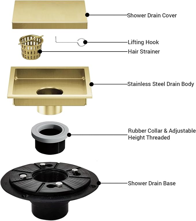 6 Inch Square Shower Floor Drain, Shower Drain Kit with Flange and 2 in 1 Tile-Insert Cover, Square Shower Drain, SUS 304 Stainless Steel Floor Drain,Brushed Gold