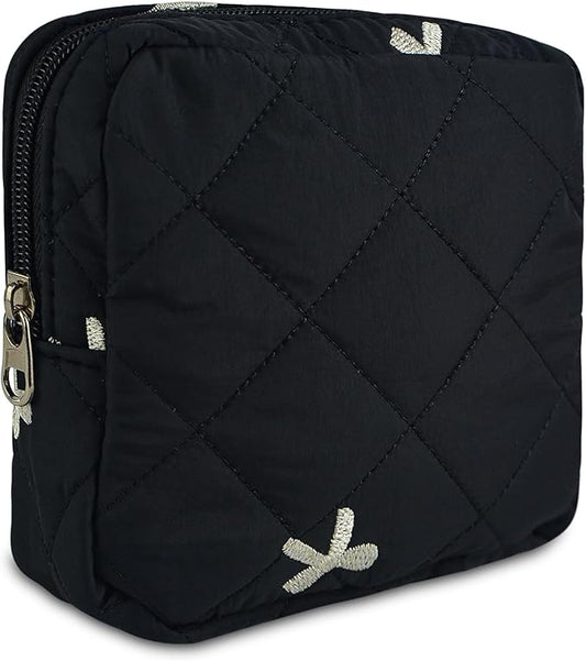 Small Floral Quilted Makeup Bag, Coquette Aesthetic Travel Toiletry Organizer for Women, Lightweight Cotton Cosmetic Pouch