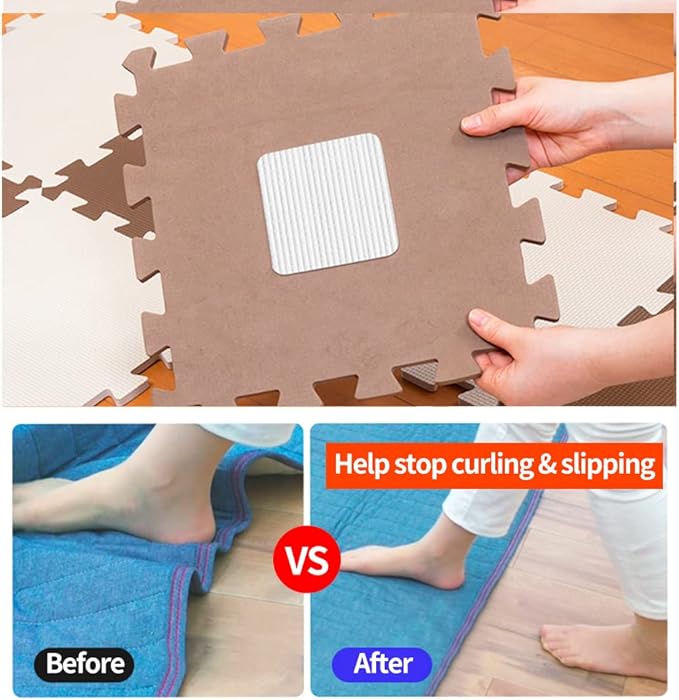 FuKuEn Rug Pad Gripper for Hardwood Floor Non-Slip Vacuum Tech Invisible Grippers for Carpet Anti Skid Self Adhesive Area Rug Pad for Tile Washable Cuttable Reusable Rug Tape 10x10cm