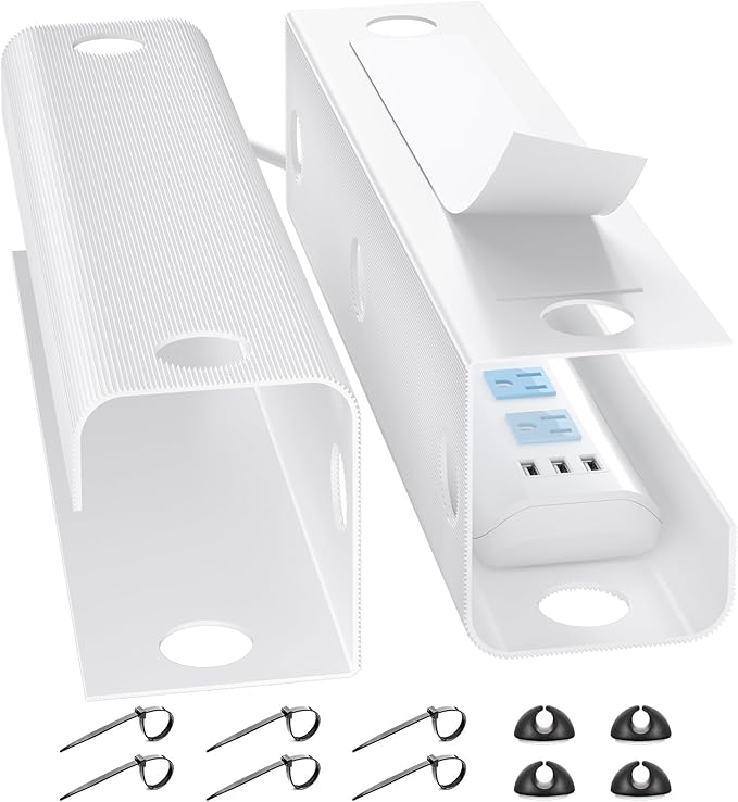 YECAYE Large Under Desk Cable Management, Easy Install Cable Management Under Desk with 4 Cord Holders & 6 Ties, Child & Pet-Safe Cord Hider, Wire Organizer, Wire Cover Tray, White