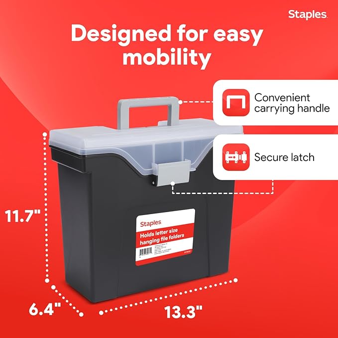STAPLES File Box - Portable Storage Organizer, Letter Size, Black with Lift-Off Lid & Easy-Grip Handle