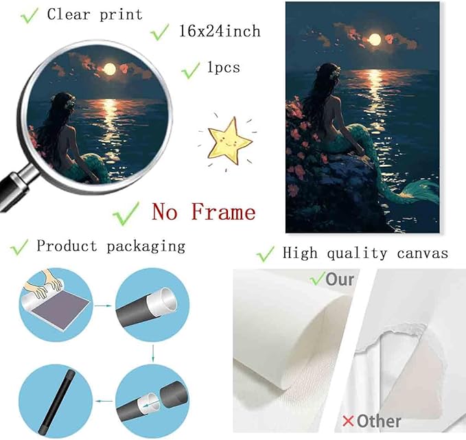 Mermaid Wall Art Vintage Women Pictures Vintage Ocean Poster Classical Female Poster Golden Sun Canvas Ocean Coastal Prints Vintage Woman Picture Victorian Female Painting Decor 16x24inch No Frame