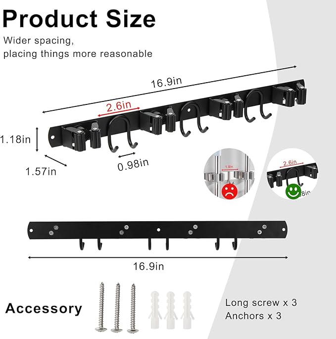 Mop Broom Holder Wall Mount, Black Stainless Steel Tool Storage Organizer for Kitchen Garden Garage Laundry Room Bathroom and RV with 4 Slots 6 Hooks